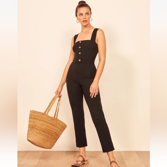 REFORMATION Black Landry Stretch Ribbed Knit Square Neck Button Jumpsuit Sz XS